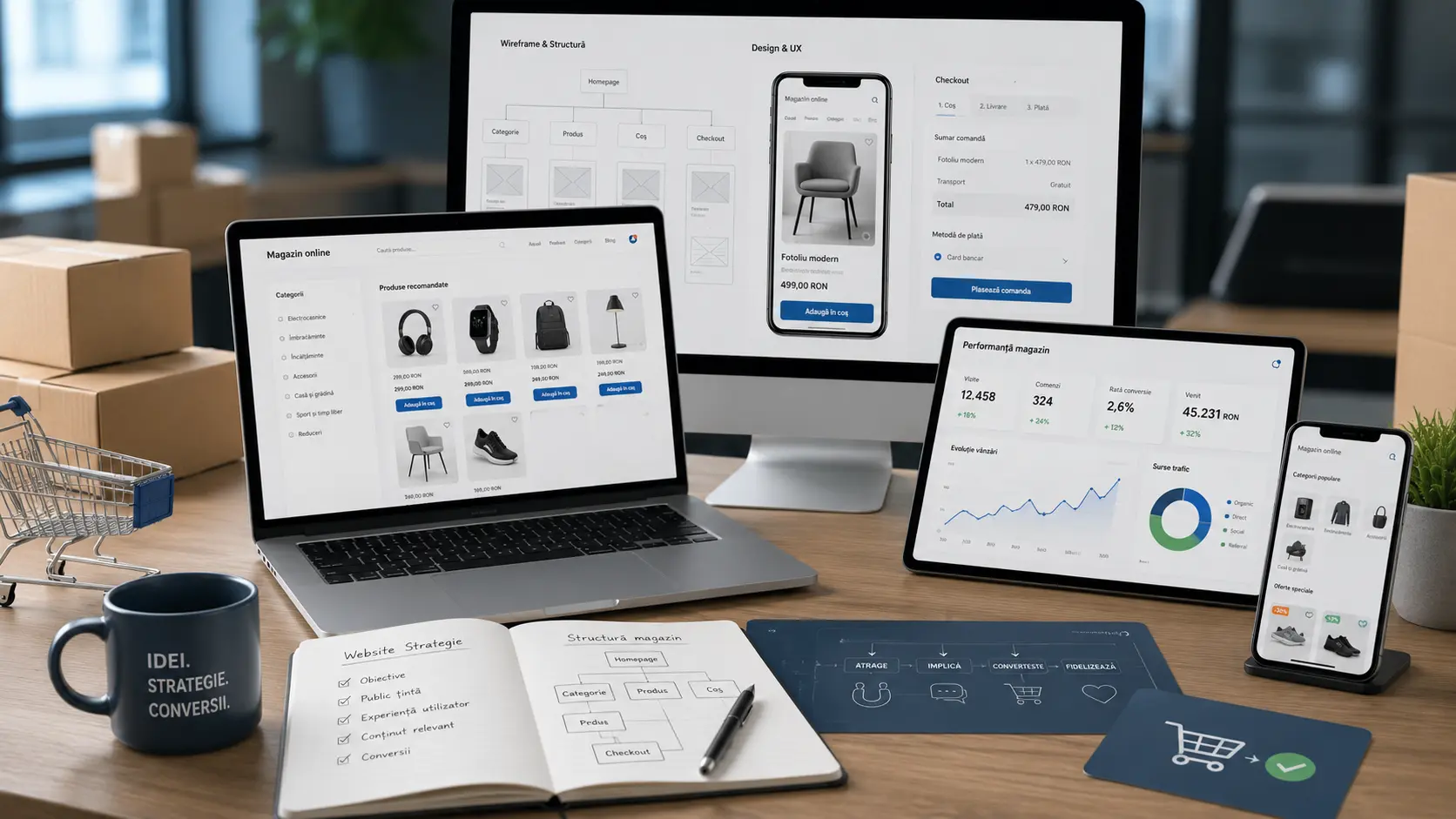 website și e-commerce pentru afaceri în 2026, cu pagini de produs și analiză a conversiilor