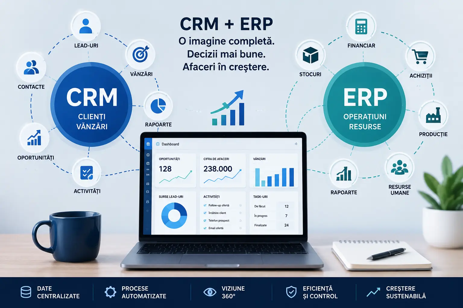 CRM și ERP pentru firme în 2026, cu vânzări, stocuri, facturare și rapoarte integrate