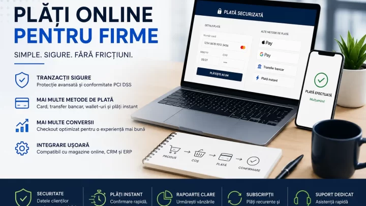 plăți online pentru firme în 2026 cu card, wallet, transfer bancar și checkout securizat