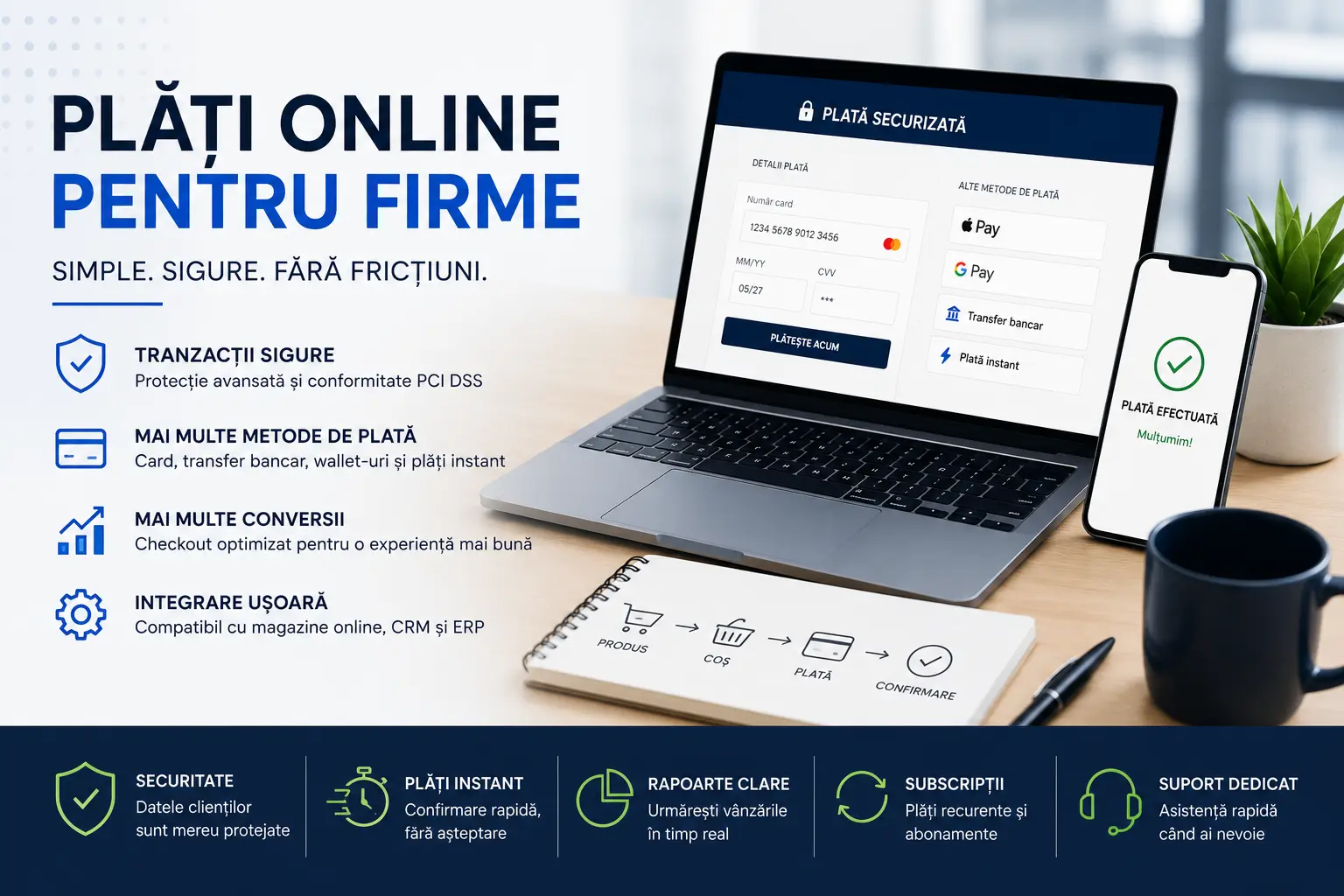 plăți online pentru firme în 2026 cu card, wallet, transfer bancar și checkout securizat
