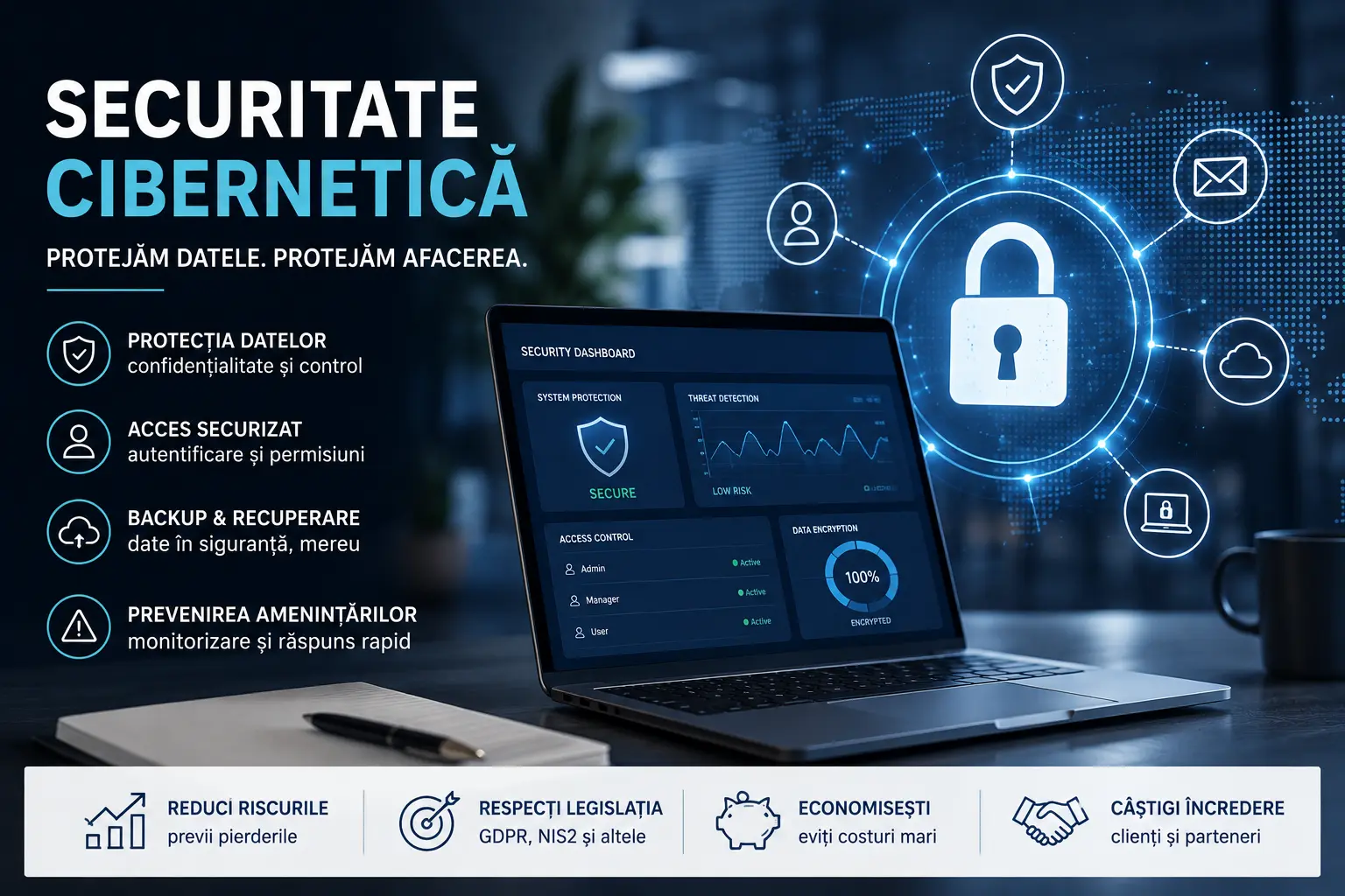 securitate cibernetica pentru firme in 2026 cu protectia datelor, MFA, backup si monitorizare