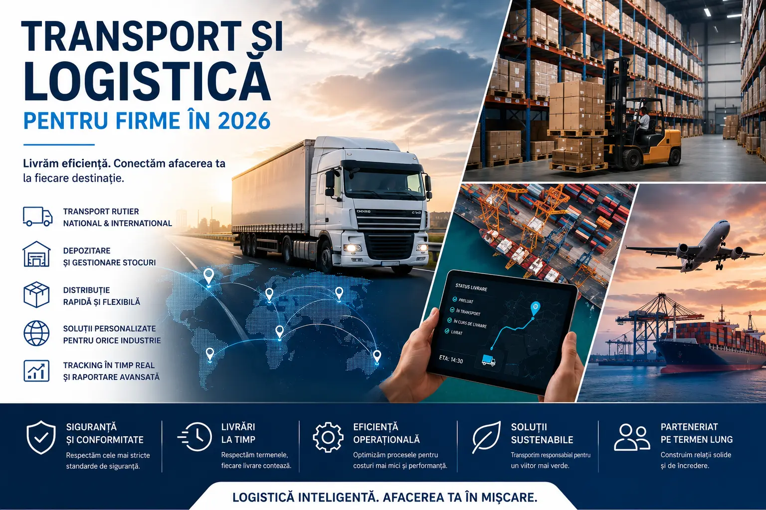 Transport și logistică pentru firme 2026 – livrări, depozitare și tracking