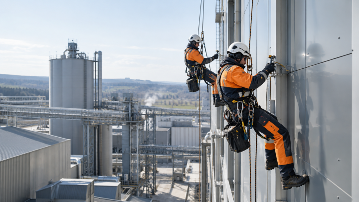 Alpiniști utilitari executând lucrări la înălțime pe o clădire industrială